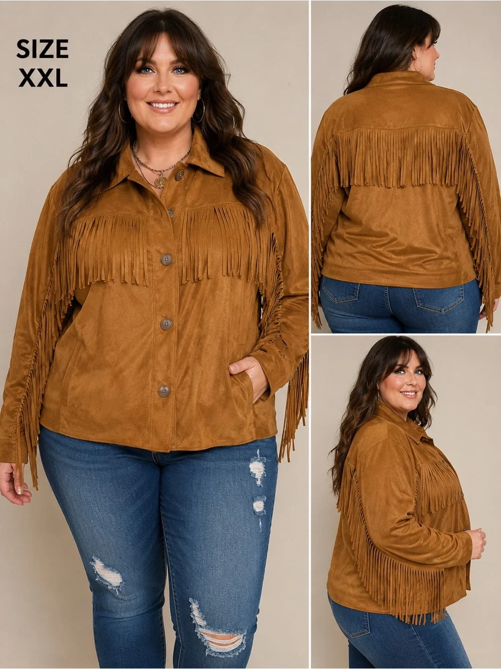 Women’s Fringe Button-Front Leather Jacket - Brown